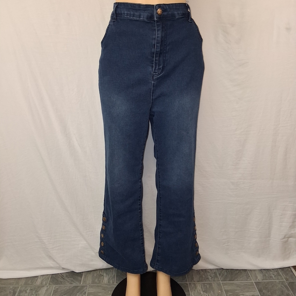 belle Poque Elegant Blue Flare Jeans with Button Accents Size 2XL